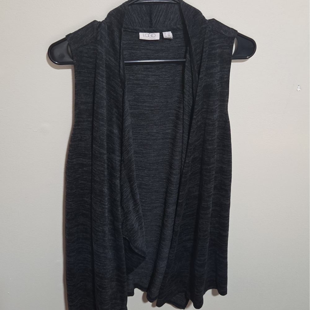 LOGO Lori Goldstein Cardigan Vest 1X Gray Marled Draped Open Front Sleeveless